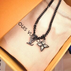 Louis Vuitton Black Chain LV Logo Crystal Monogram Pendant Double Layer Necklace